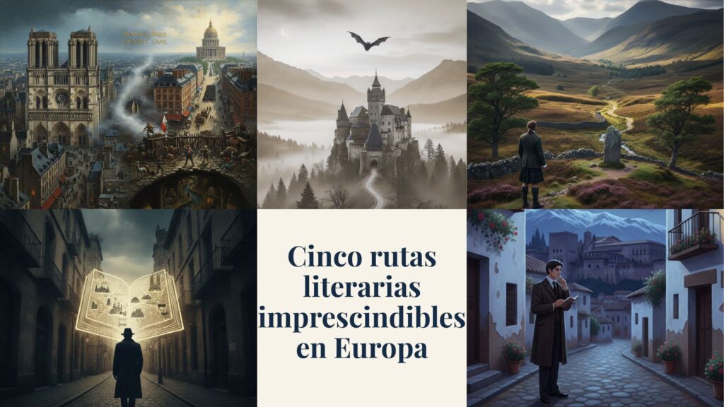 Collage con cinco fotos (de izquierda a derecha) de París, Transilvania, Highlands escocesas, Barcelona y Granada.