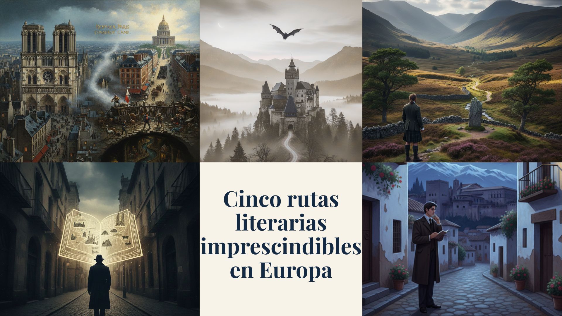 Collage con cinco fotos (de izquierda a derecha) de París, Transilvania, Highlands escocesas, Barcelona y Granada.