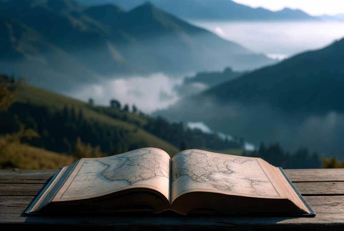 Libro abierto con dibujo de mapa y paisaje natural al fondo cubierto de niebla