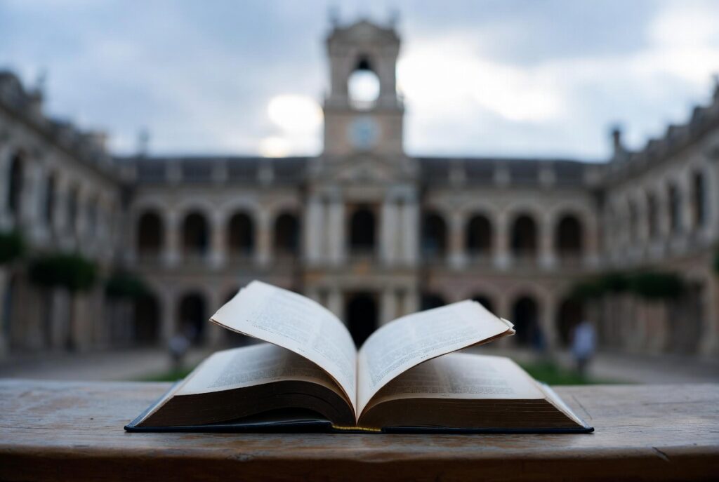 Libro abierto con plaza de ciudad al fondo
